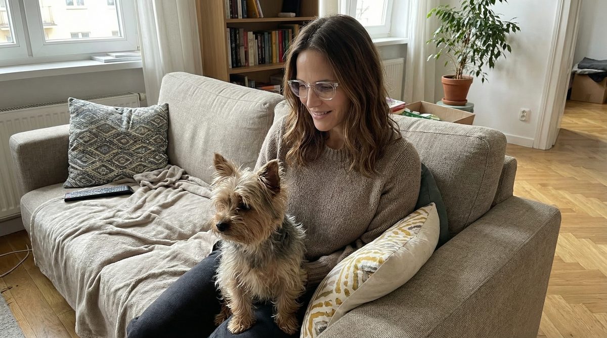 Małgorzata z yorkiem na kanapie